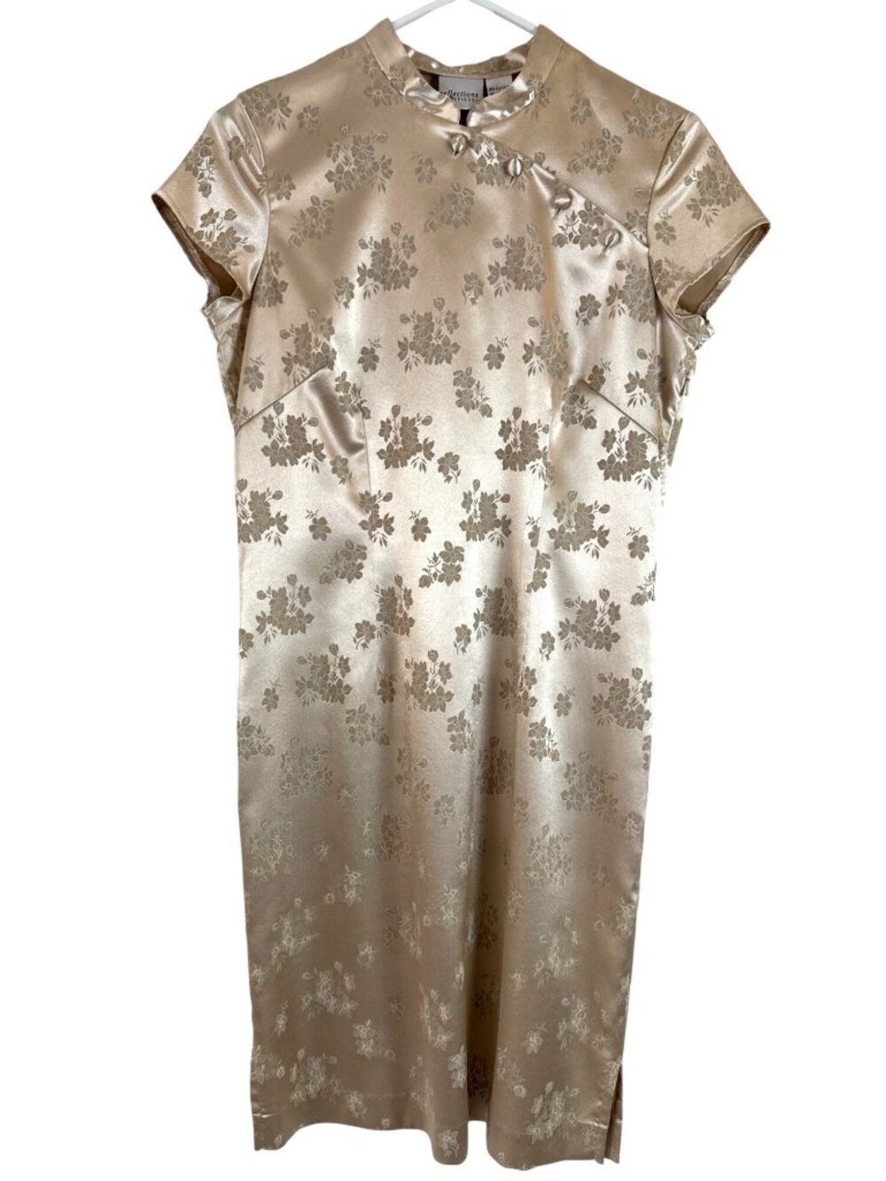 Reflections By Spiegel Ivory Satin Floral Cheongsam Dress Cap Sleeves Size 10